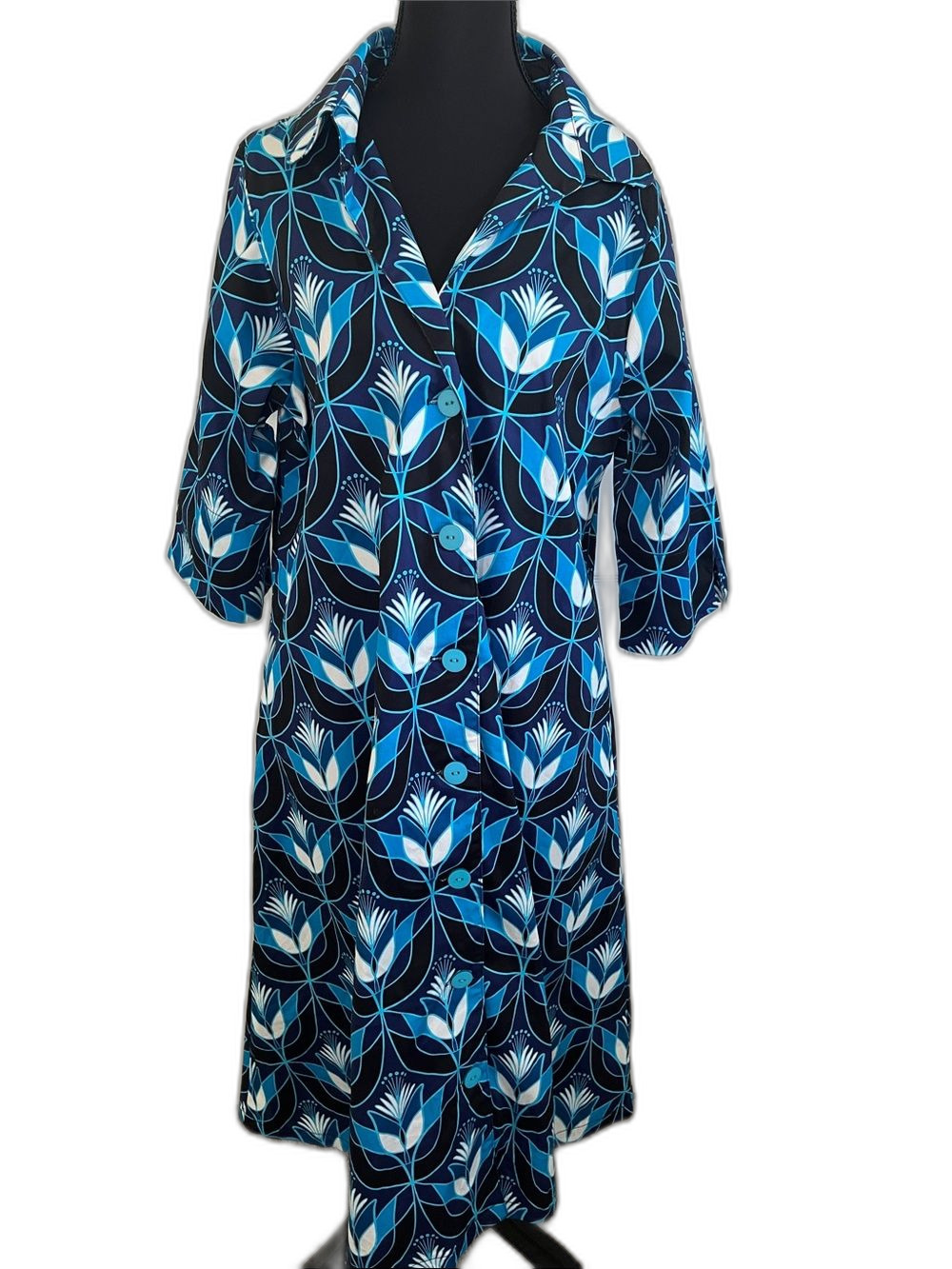 Lesley Evers Floral Blue Geo Tulip Button-Front Midi Shirt Dress Pockets